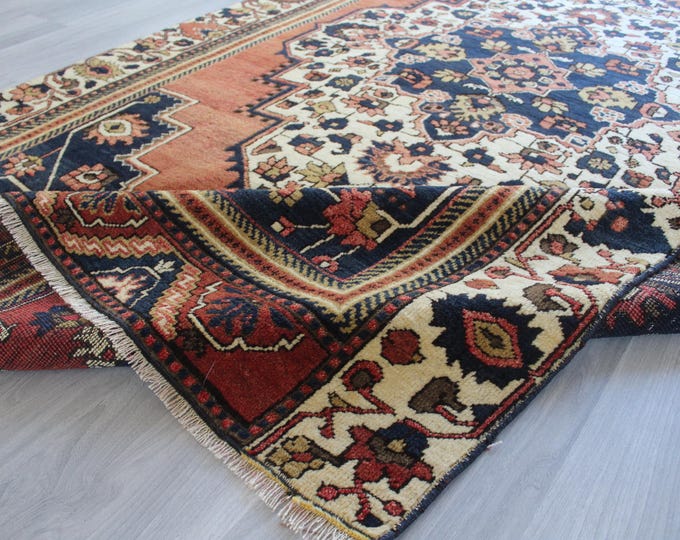 Terra Cotta Medallion Rug, Traditional Turkish Rug, Ethnic Anatolian Rug / B-1887 / 5'x8'7''