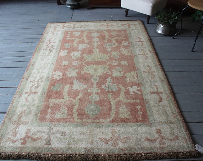 4'2"x6' ft Beige-Terra Cotta OUSHAK RUG , Vintage Turkish Area Rug, Anatolian Rug, Vintage Beige Oushak Rug