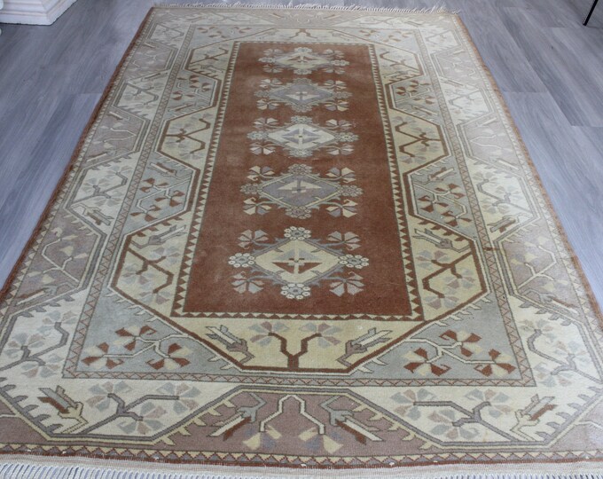 5'x8' Rugs , Beige Milas Rug, Beige-Brown Rug, Ethnic Area Rug, Handwoven Anatolian Wool Rug , Vintage Beige Rug / B-1755 / 5'2"x8'2"