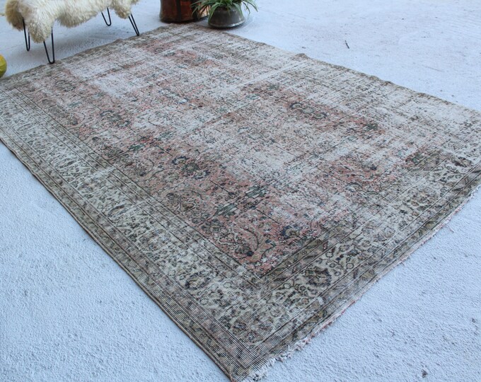 6'7"x10'4" ft Vintage Distressed Rug, Vintage Oushak Rug, Low Piled Oushak Rug, Vintage Oushak Rug, Distressed Oushak Rug