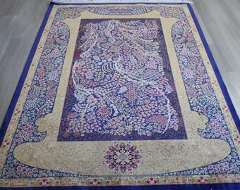 Silk Rug, 3'3''x5' Beige-Blue Silk Rug, Mute Handwoven Silk Rug / B-1915