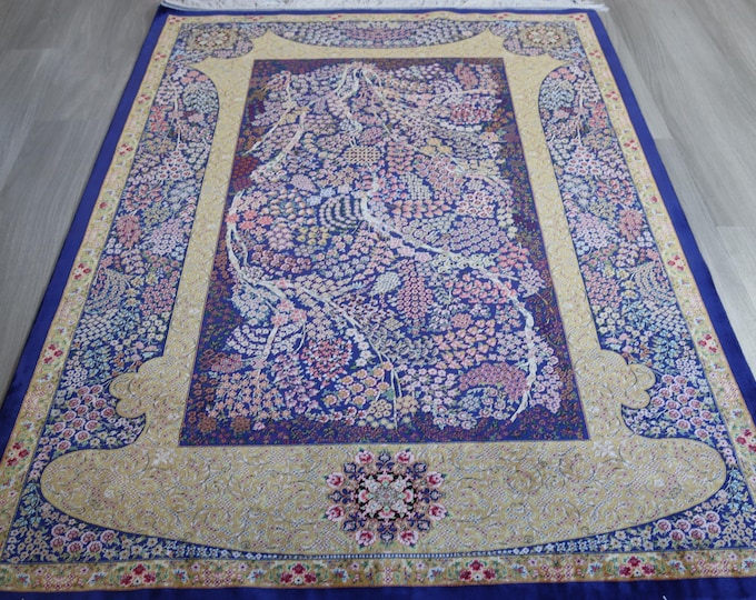 Silk Rug, 3'3''x5' Beige-Blue Silk Rug, Mute Handwoven Silk Rug / B-1915