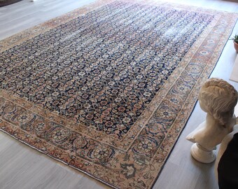 Large Shirvan Rug ,  Blue Vintage Rug , Large Blue Area Rug, Handwoven Wool Rug /  B-1838 / 8'5''x12'4''