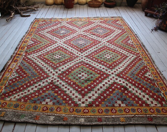 Vintage Turkish Kilim, Handwoven Jijim Kilim, Ethnic Bohemian Wool Kilim Rug 6'4"x8'6"feet  FREE SHIPPING