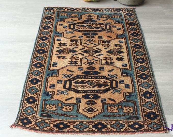 Small Blue Rug, Ethnic Blue Rug, Small Vintage Rug, Small Anatolian Rug, Handwoven Turkish Rug / B-1636 / 2'5"X3'9"