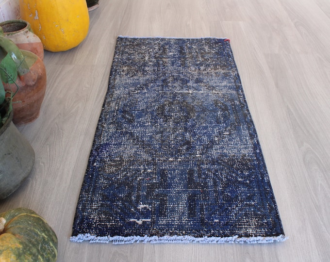 Blue Handwoven Door Mat, Ethnic Door Mat, Vintage Door Mat, Small Blue Rug, Over Dyed Small Rug  / B-1649 / 1'5"x3'