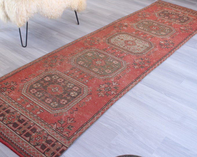 3'x11' ft  Vintage Rug Runner, Vintage KONYA Rug Runner, Red Rug Runner, Ethnic Rug Runner