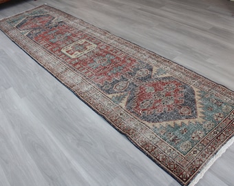 3'x12' , Vintage Rug Runner, Oushak Medallion Rug Runner, 3'2"x12'6" Vintage Runner, Low Piled  Rug Runner, Ethnic Wool Rug Runner / B-75
