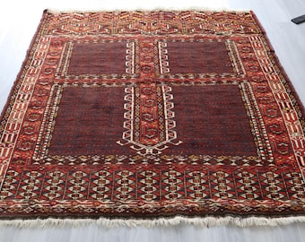 4'6"x4'6" Antique Yomud Rug , Cross Design Handwoven Wool Rug