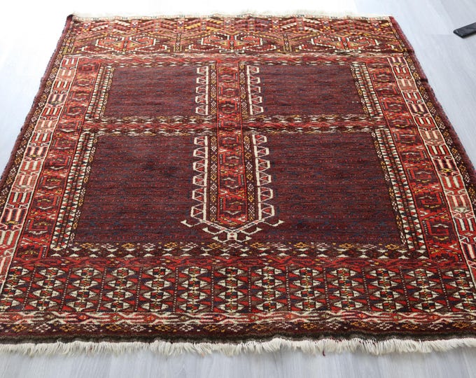 4'6"x4'6" Antique Yomud Rug , Cross Design Handwoven Wool Rug