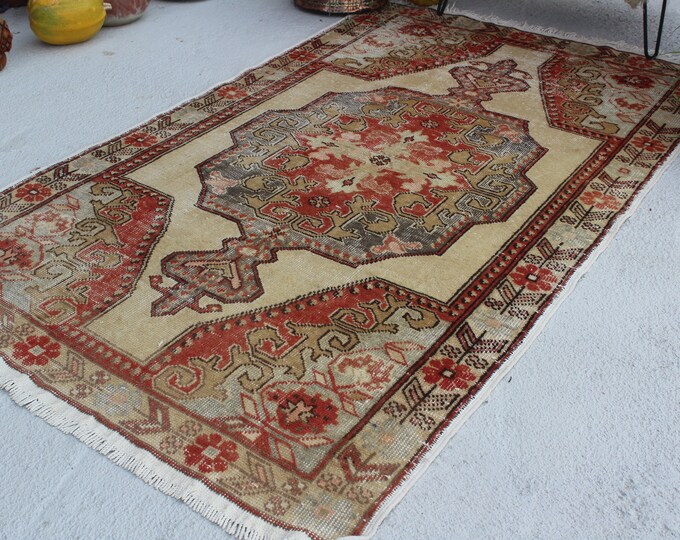 4'6"x7'5" ft Vintage Oushak Rug, Turkish Area Rug, Beige-Red Oushak Rug, Anatolian Rug,Vintage Beige Rug, Traditional Turkish Rug