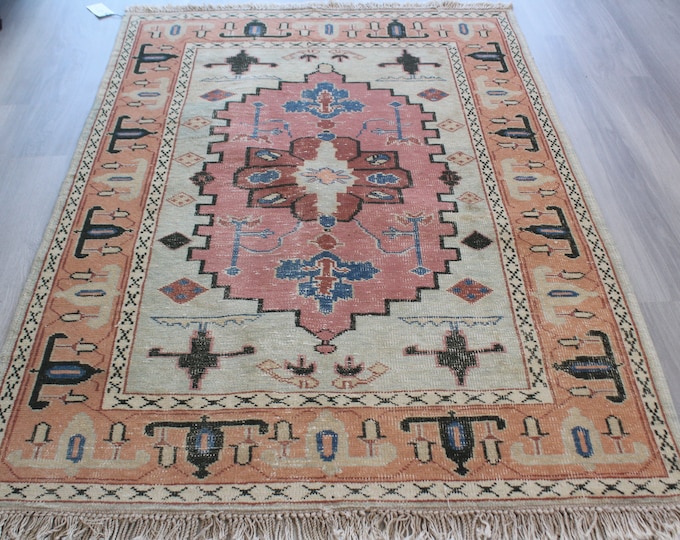 Vintage Oushak Rug, Small Oushak Rug, Pink Oushak Rug, Small Turkish Rug, Beige-Pink-Coral Color Wool Rug / 3'9"x7' ft