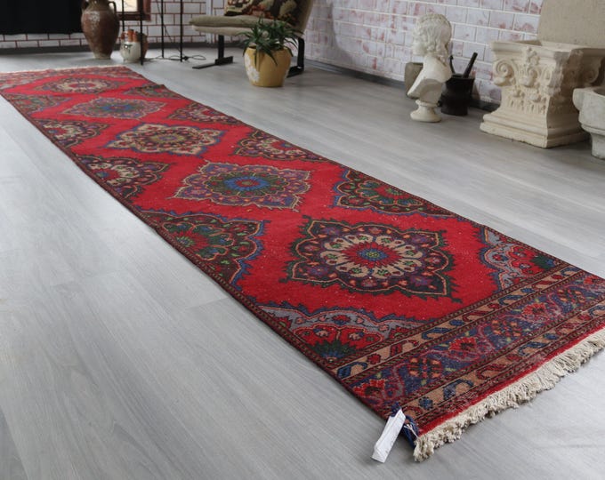 Vintage Red Runner , 3'x12'8'' Medallion Low Piled Runner