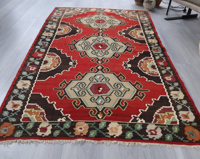 Vintage Anatolian Kilim Rug, Bohemian Red Flat Rug / 3'9''X6'7'' / k-101