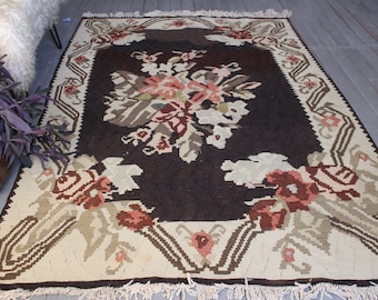 4'6"x7'3" ft  Vintage KARABAGH Kilim, Ethnic Floral Kilim, Vintage Rose Kilim, Large Karabagh Kilim, Bohemian Floral Rug