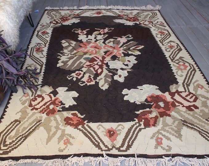 4'6"x7'3" ft  Vintage KARABAGH Kilim, Ethnic Floral Kilim, Vintage Rose Kilim, Large Karabagh Kilim, Bohemian Floral Rug