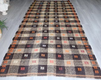 4'8"x 10'5" ft  Vintage Turkish Kilim Rug, Brown-Beige Plaid Kilim, Anatolian Kilim Rug / K-373