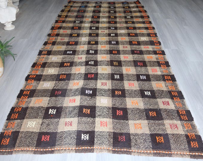 4'8"x 10'5" ft  Vintage Turkish Kilim Rug, Brown-Beige Plaid Kilim, Anatolian Kilim Rug / K-373