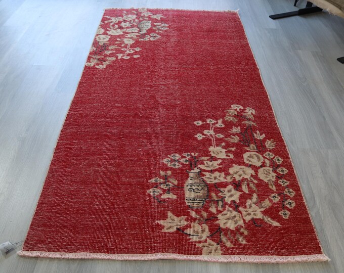 3'3"x6'3" ft  Vintage Oushak Rug, Low Piled Small Rug,  Double Sided Turkish Rug, Turkish Small Rug Runner, Traditional Rug Runner