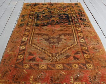 2'5"X4'0" Vintage Orange Handwoven Wool Rug,Anatolian Handmade Carpet,Ethnic Wool Small Rug,Bedroom Carpet