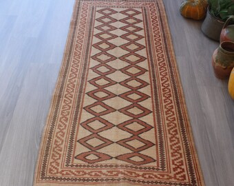 Small Beige Rug Runner , Ethnic Small Rug, Small Oushak Rug Runner / B-1585 /