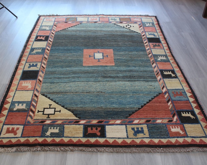 Blue Gabbe Rug, Modern  Style Handwoven Piled Rug , Bohemian Wool Rug / B-1858 / 5'3''x6'9''