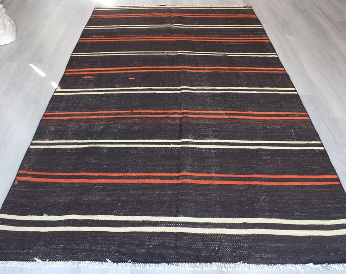 Striped Black Rug, Vintage Black Kilim Rug , Handwoven Wool Black Kilim Rug / B-1740 / 5'4"x9'4"