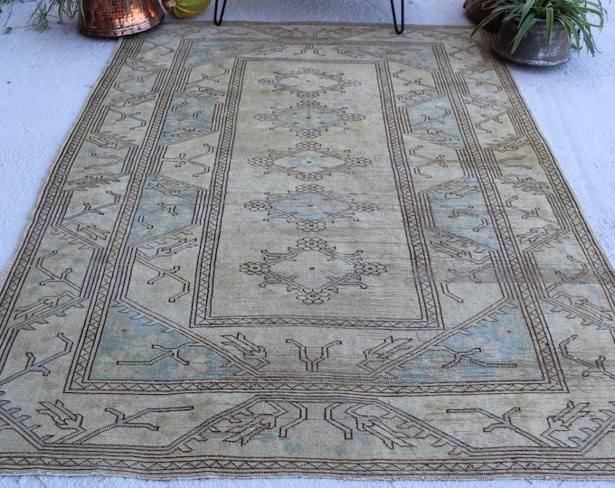 5'4"x7'9" ft  Vintage MILAS Rug, Beige-Blue Area Rug, Turkish Area Rug, Ethnic Area Rug, Bohemian Rug, Vintage Anatolian Rug