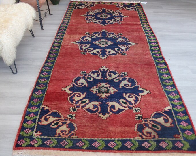 4'7"x10'5" Vintage Rug, Vintage Anatolian Rug, Ethnic Rug Runner, Wide Rug Runner, Bohemian Rug , Nomadic Runner, Red-Blue Wide Runner