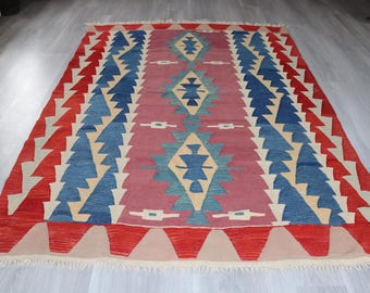 6'2"x8'8" Turkish Handwoven Area Kilim,Bohemian Ethnic Kilim , Wool Turkish Geometric Kilim Rug