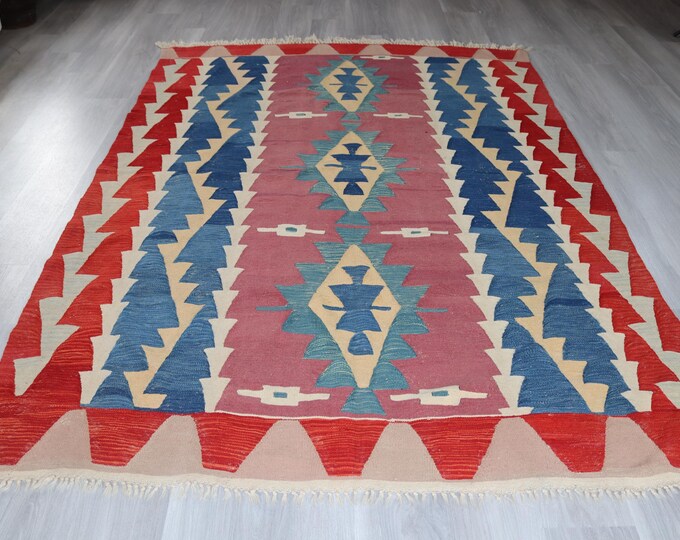 6'2"x8'8" Turkish Handwoven Area Kilim,Bohemian Ethnic Kilim , Wool Turkish Geometric Kilim Rug