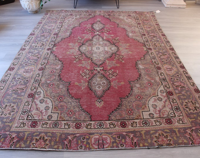 Vintage Pink Rug, Large Area Rug, Vintage Oushak Rug, Large Pink Rug, Vintage Turkish Rug, Low Piled Rug / B-1250 /  6'4"x8'9"  feet