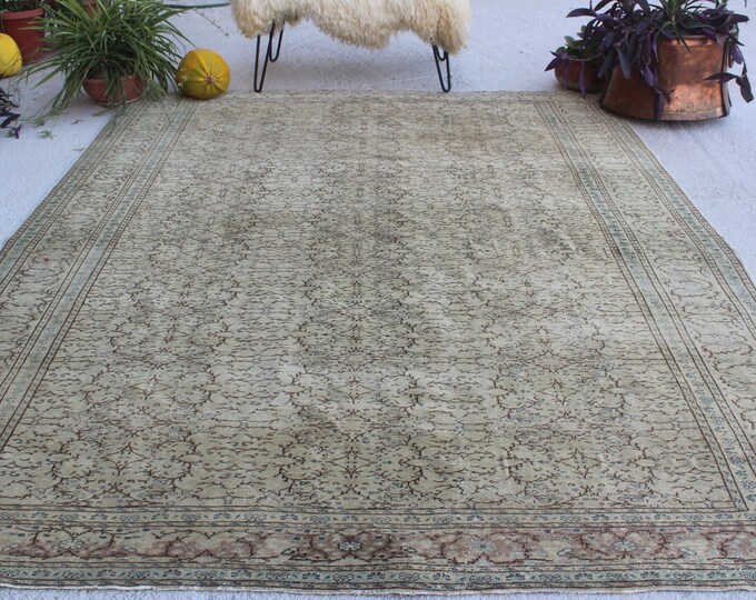 6'7"x9'2"  Vintage Oushak Rug, Large Area Rug, Vintage Turkish Rug, Large Beige Oushak Rug