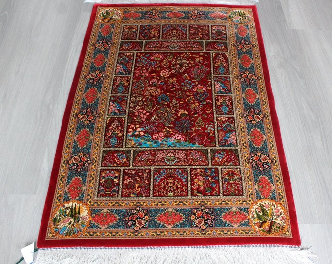 Red Silk Rug, Oriental Silk Rug, Red Silk Rug with Nature  Design , Silk Tapestry, Silk Wall Hanging / B-1768- 1810  / 2'6"x4'