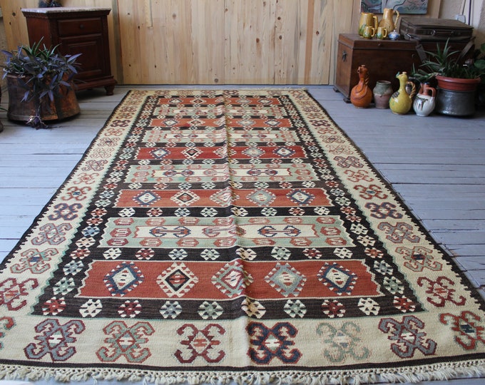 5'1"x10'8" ft Vintage Turkish Kilim Rug, Ethnic Bohemian Handwoven Wool Kilim Rug, Nomadic Kilim Rug