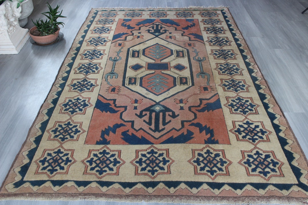 6'x9' Ethnic Handwoven Wool Rug, Peachy Pink Anatolian Rug , Bohemian ...