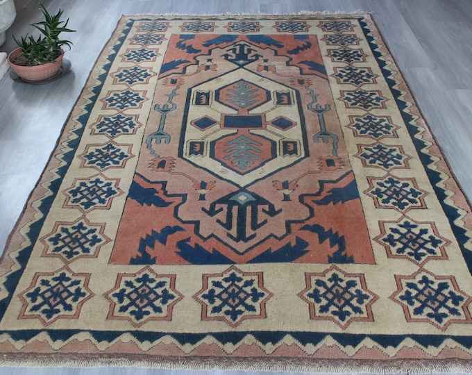 6'x9' Ethnic Handwoven Wool Rug, Peachy Pink Anatolian  Rug , Bohemian Rug / B-1690 / 5'7"x8'8"