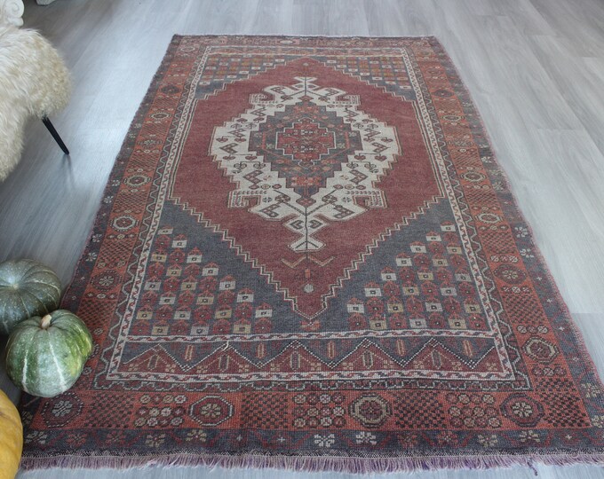 Vintage Wool Rug, Ethnic Anatolian Rug, Vintage Turkish Rug, Bohemian Red-Blue Rug, Vintage Handwoven Rug / B-1351 / 4'5"x7'2" feet