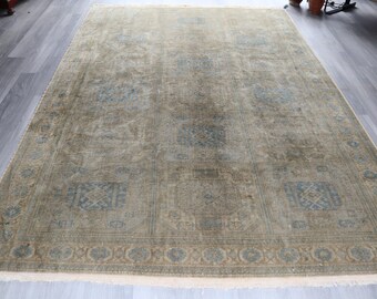 Large Pale Rug 6'6"x10'1" ft Vintage Oushak Rug, Cream-Blue Rug Handwoven Rug with Hand spin wool / B-687