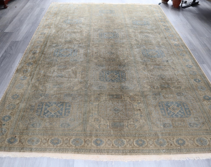 Large Pale Rug 6'6"x10'1" ft Vintage Oushak Rug, Cream-Blue Rug Handwoven Rug with Hand spin wool / B-687