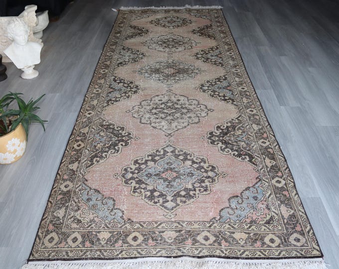 Wide Rug Runner, 4'7"x13', Vintage Rug Runner, Beige-Coral  Rug Runner, Wide Beige Runner , Low Piled Anatolian Runner / B-1382 /