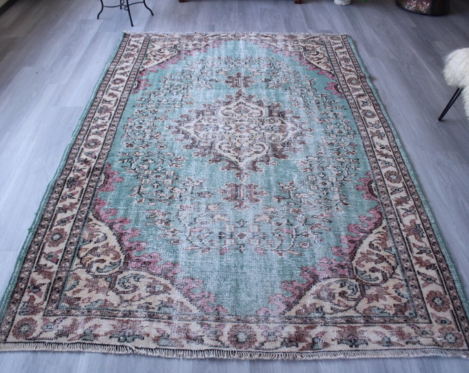 6'x9'3" ft Vintage Rug, Large Area Rug, Turquoise Colour Rug, Vintage Oushak Rug, Vintage Turkish Rug, Vintage Area Rug, Floral Large Rug