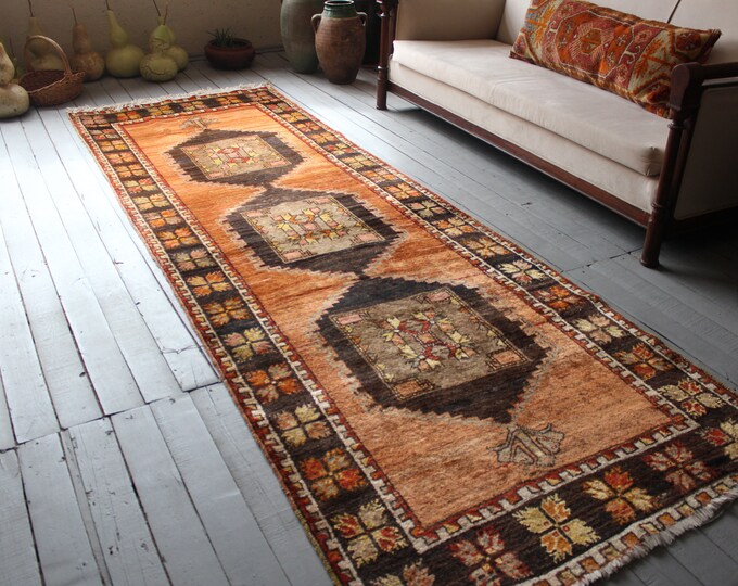 3'5"x 10'2" ANTIQUE  Coral Rug Runner,Ethnic Bohemian Vintage Handwoven Organic Wool Rug Runner,Hallway Carpet