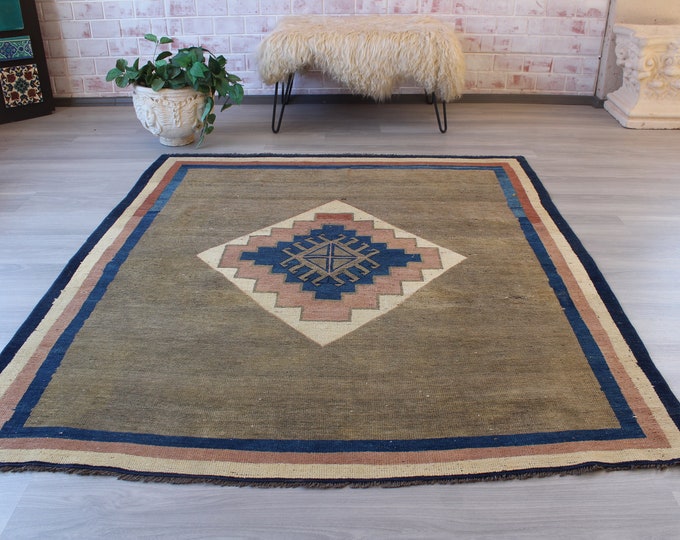 Vintage Rug, Ethnic Beige Rug, Vintage Gabbe Rug, Bohemian Rug, 5'2"x6' feet, Beige-Blue Area Rug / B-1230