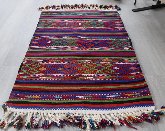 2'7"x4'2" Vintage Striped Bohemian Style Kilim,Ethnic Kilim,Tribal Kilim Rug,Handwoven Wool Kilim,Kelim