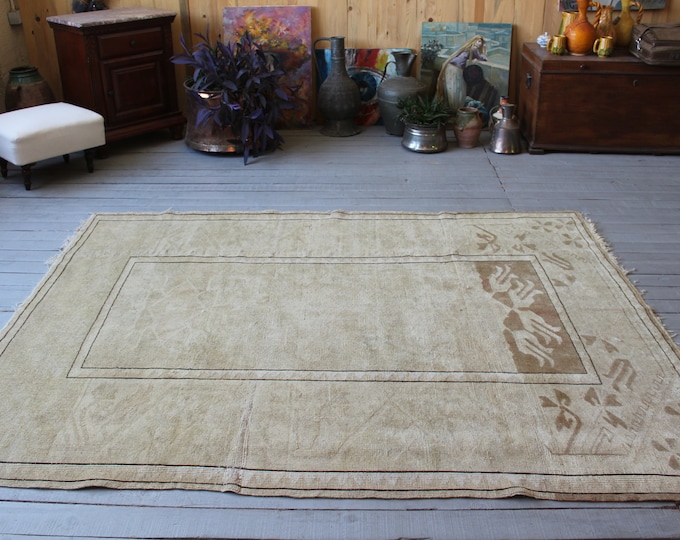 5'4"x6'8" Vintage Anatolian Beige Rug, Bohemian Distressed Beige Oushak  Carpet, Ethnic Nomadic Tribal Handwoven Rug