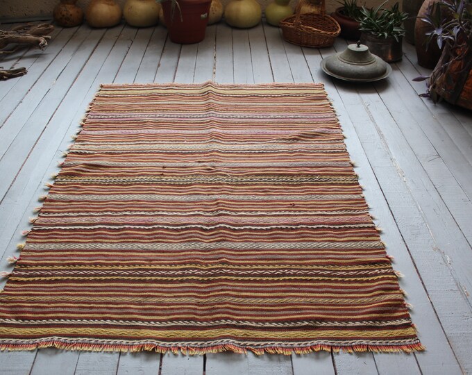 3'3"x4'6"ft Vintage Striped Handwoven Wool Kilim Rug, Vintage Turkish Kilim,Ethnic Bohemian Nomadic Wool Kilim