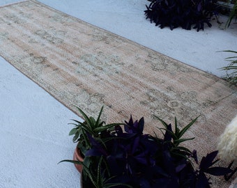 4'x13'4" ft  Vintage Pale Runner, Handwoven Low Piled Mute Wool Rug Runner  / B-704