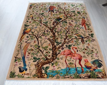 White Silk Rug, 3'3''X4'9'' Botanical Silk Rug with animal designs / B-1907