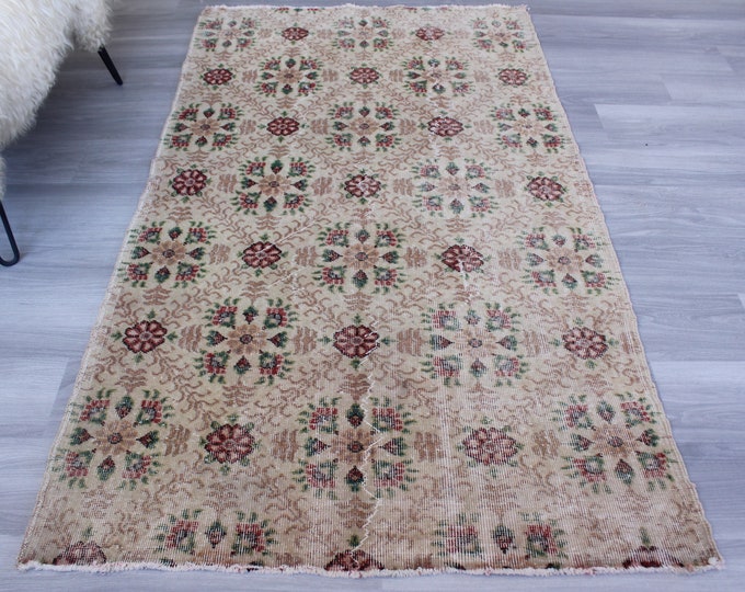 3'8"x6'7" ft Vintage Oushak Rug, Vintage Area Rug, Rose Design Rug, Turkish Oushak Rug, Vintage Floral Rug